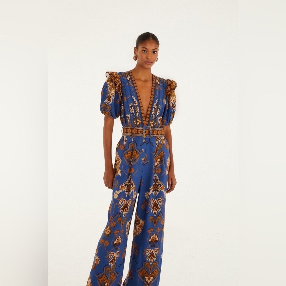 Farm Rio: Blue Ornament Floral Jumpsuit - Picture 6 of 14
